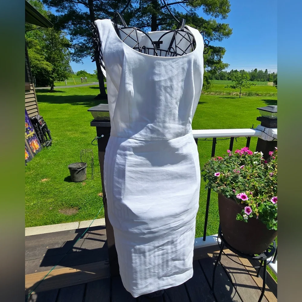 Ann Taylor White Herringbone Linen Sheath Dress - Picture 3 of 10